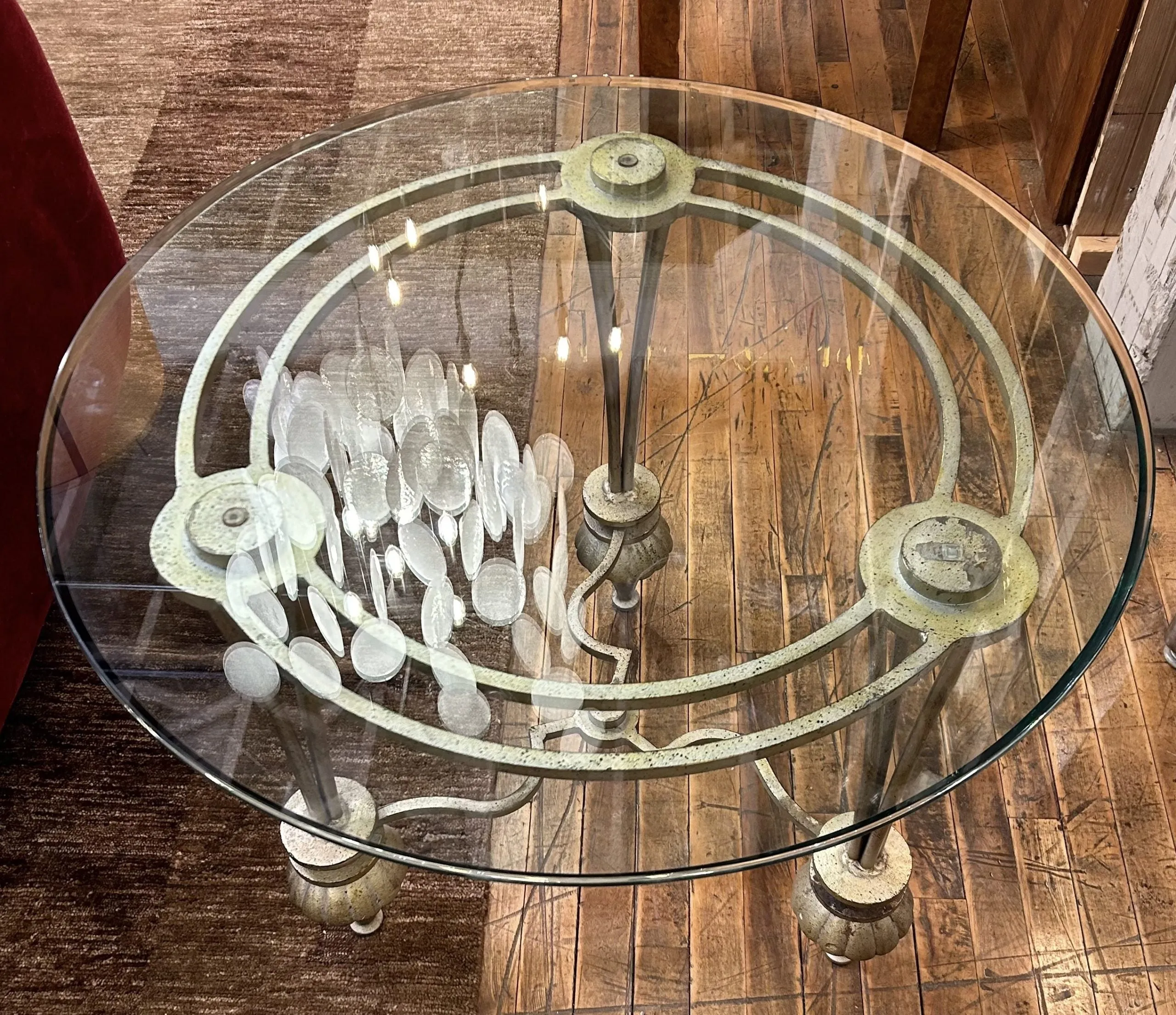 Side Table, Beveled Glass Top, Glazed Solid Iron Frame