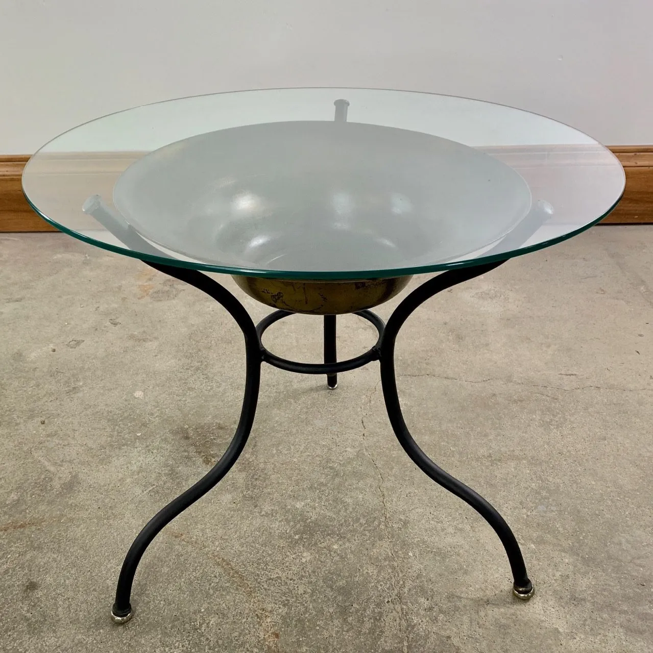 Side Table, Coffee Table, Metal Tripod Base, Brass Bowl, Glass Top