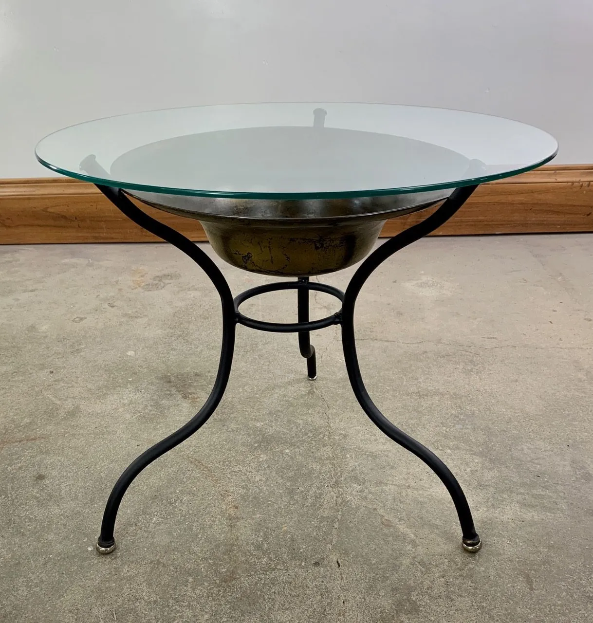 Side Table, Coffee Table, Metal Tripod Base, Brass Bowl, Glass Top