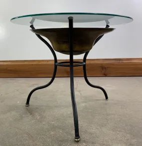 Side Table, Coffee Table, Metal Tripod Base, Brass Bowl, Glass Top