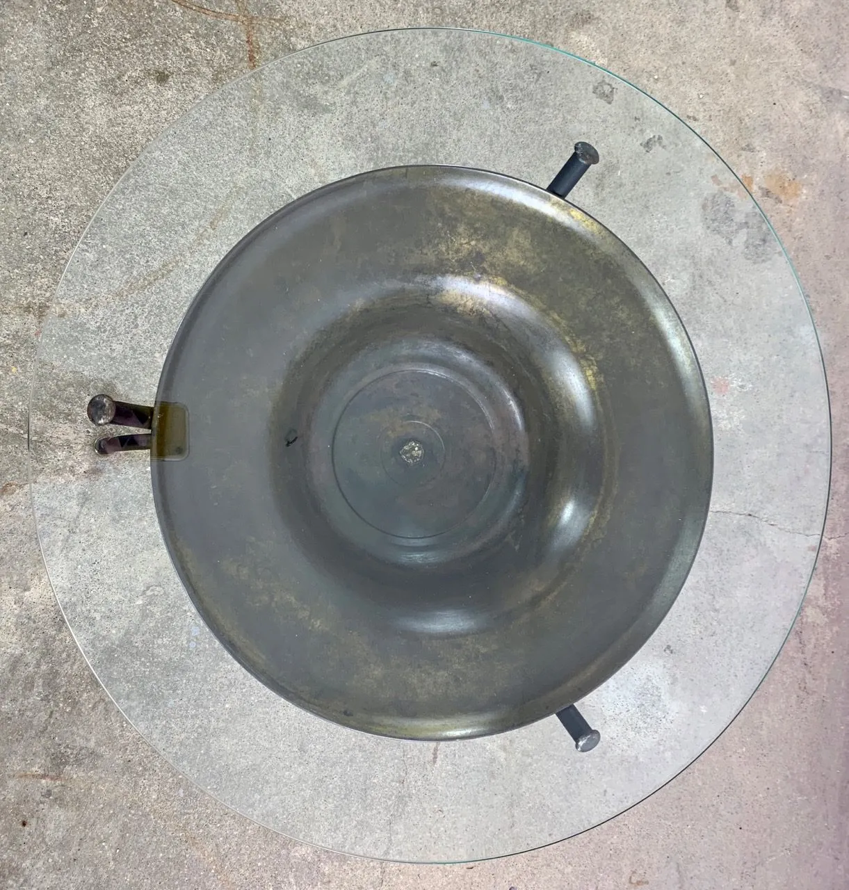Side Table, Coffee Table, Metal Tripod Base, Brass Bowl, Glass Top