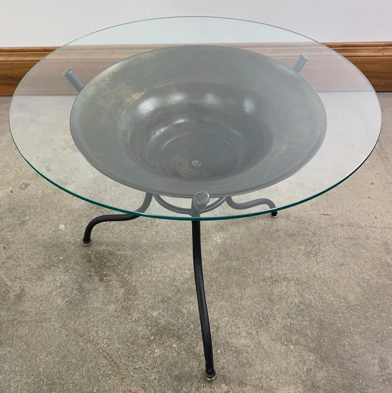 Side Table, Coffee Table, Metal Tripod Base, Brass Bowl, Glass Top