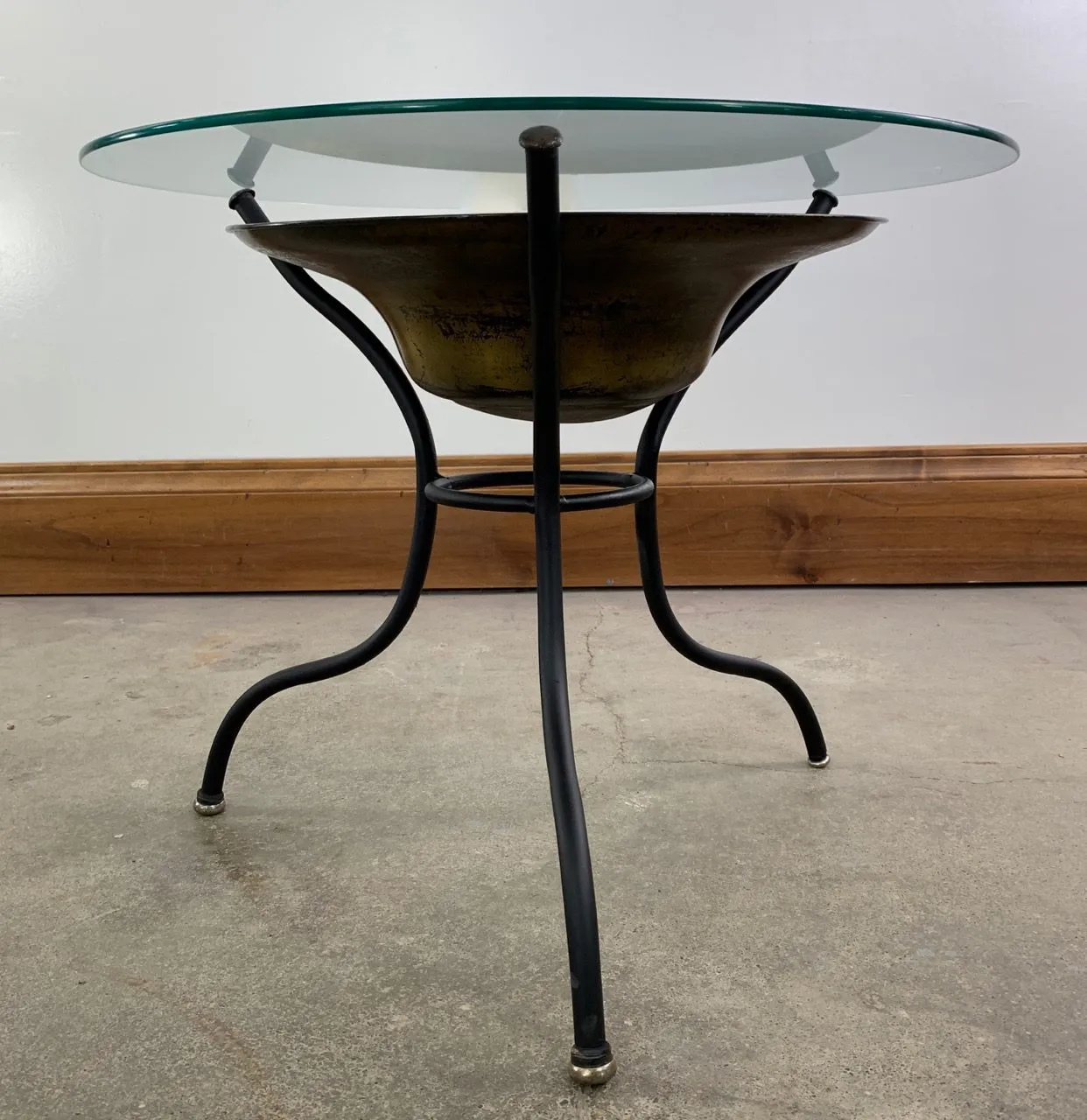 Side Table, Coffee Table, Metal Tripod Base, Brass Bowl, Glass Top