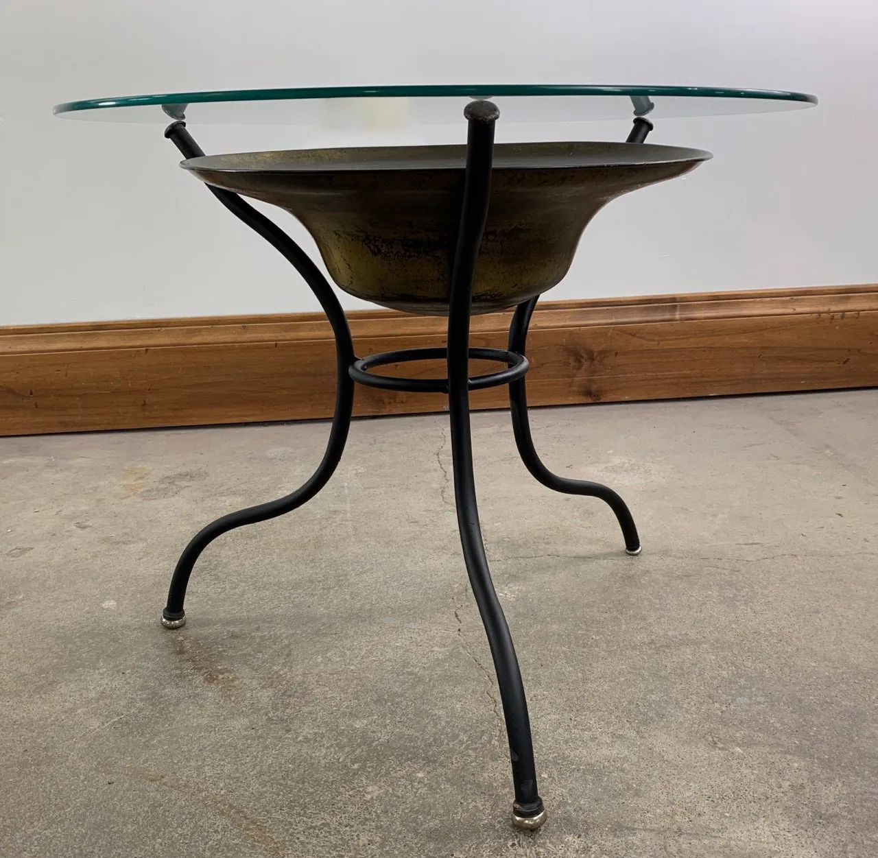 Side Table, Coffee Table, Metal Tripod Base, Brass Bowl, Glass Top