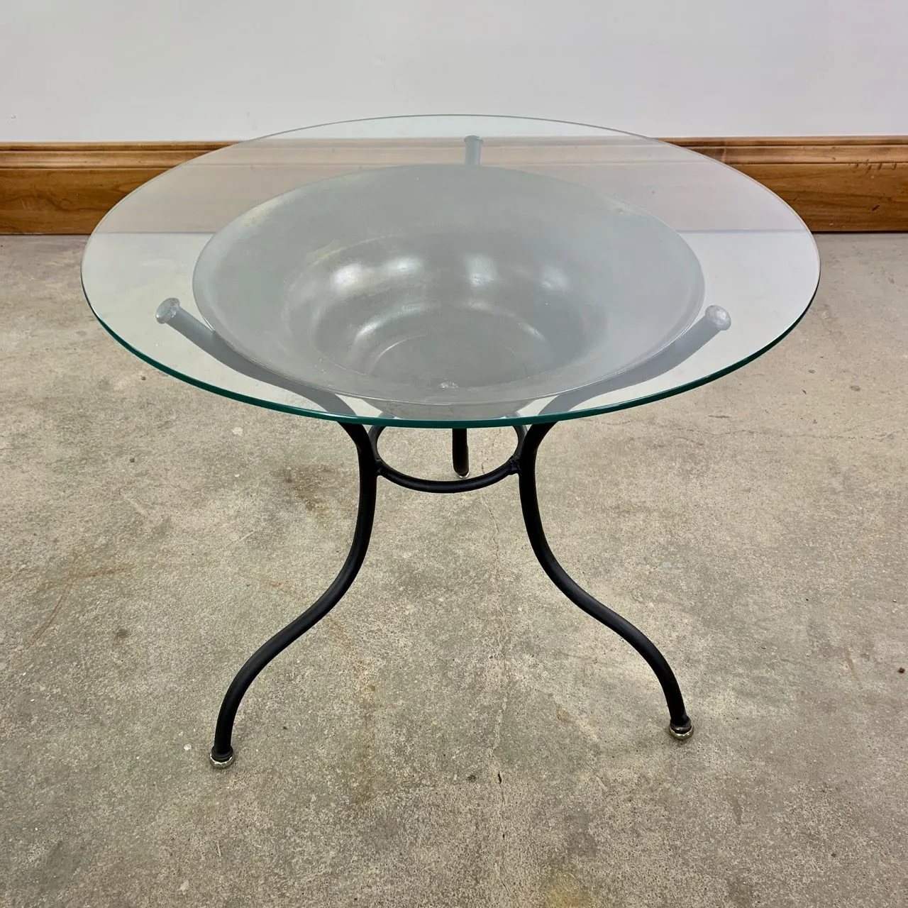 Side Table, Coffee Table, Metal Tripod Base, Brass Bowl, Glass Top