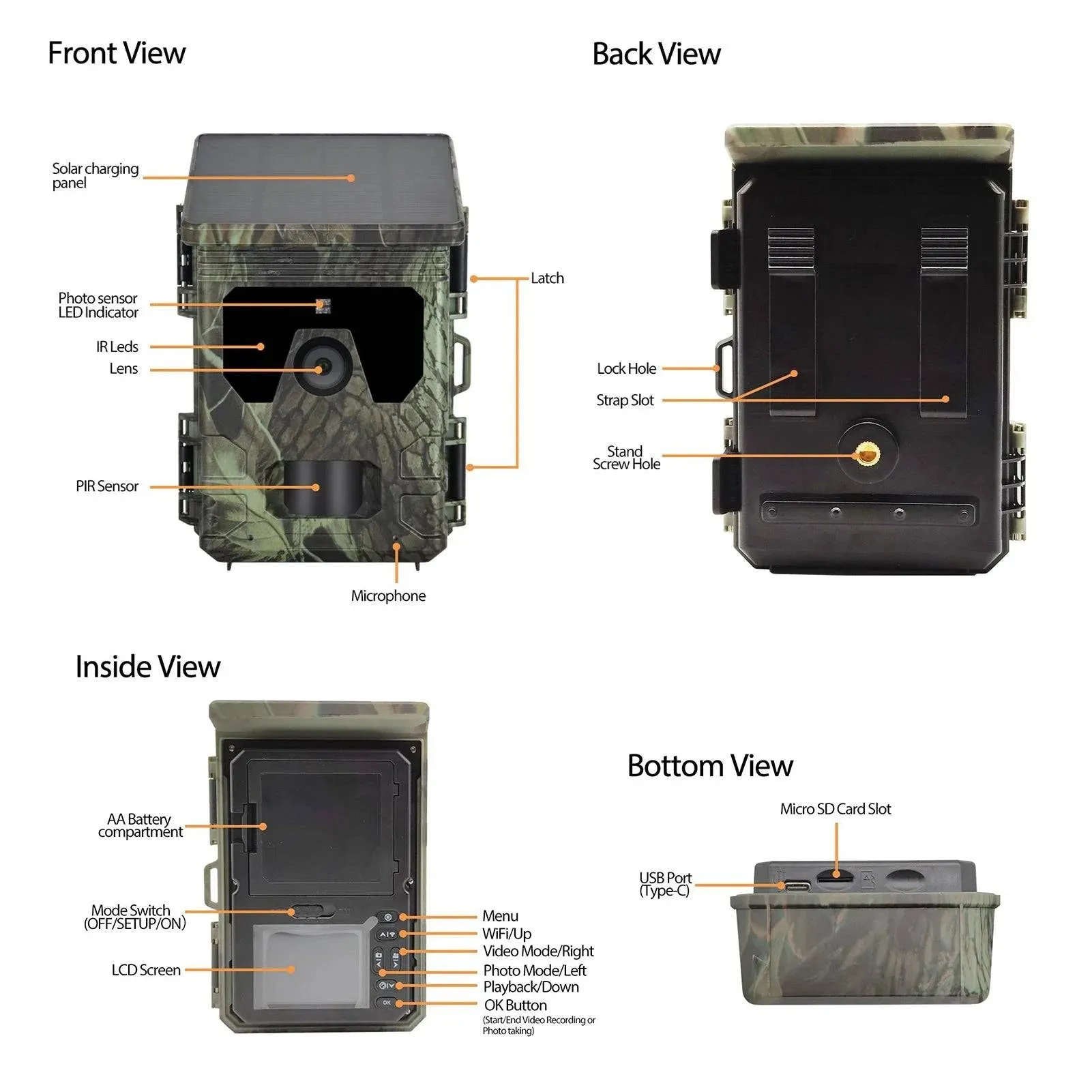 Solar Powered Night Vision Trail Camera 50MP 4K 1080P Hunting Cameras 0.3s Trigger Time Trail Camera Video Photo Recorder