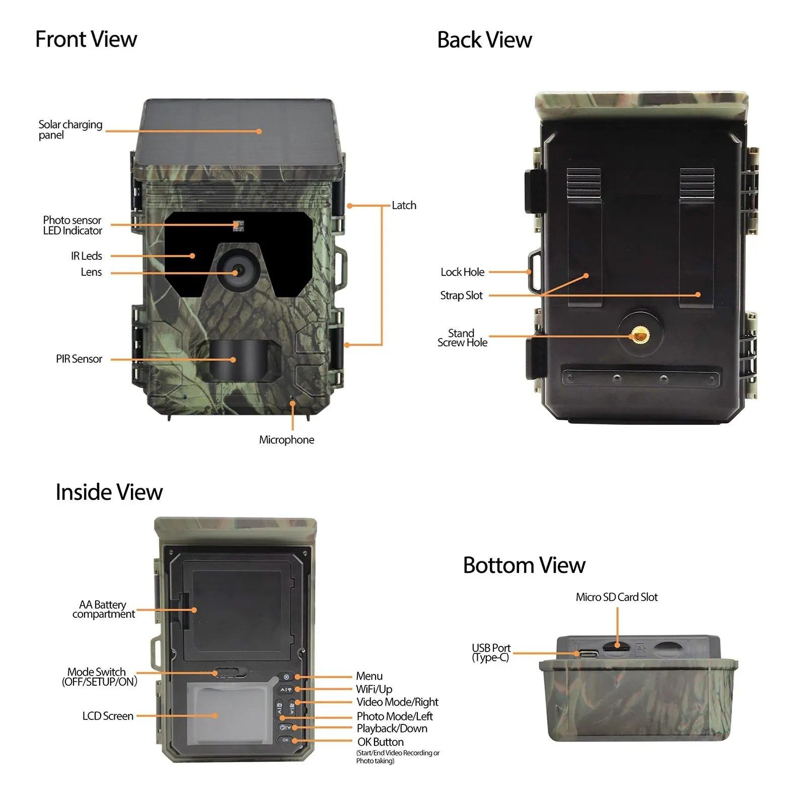 Solar Powered Night Vision Trail Camera 50MP 4K 1080P Hunting Cameras 0.3s Trigger Time Trail Camera Video Photo Recorder