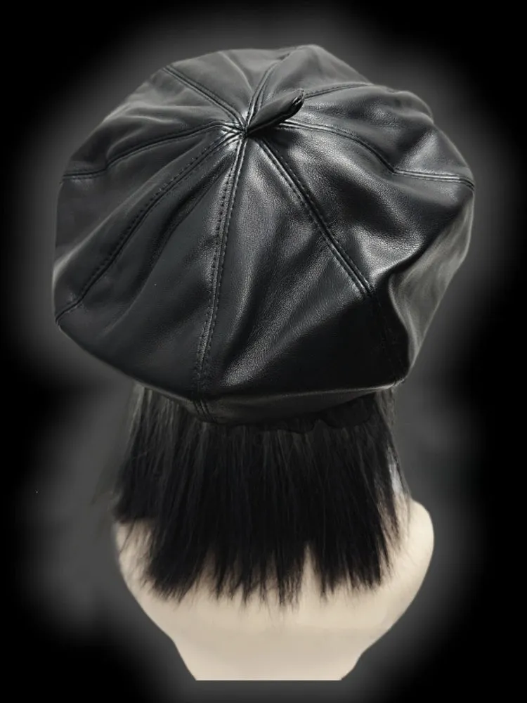 Y2K Black Lace Trim PU Beret