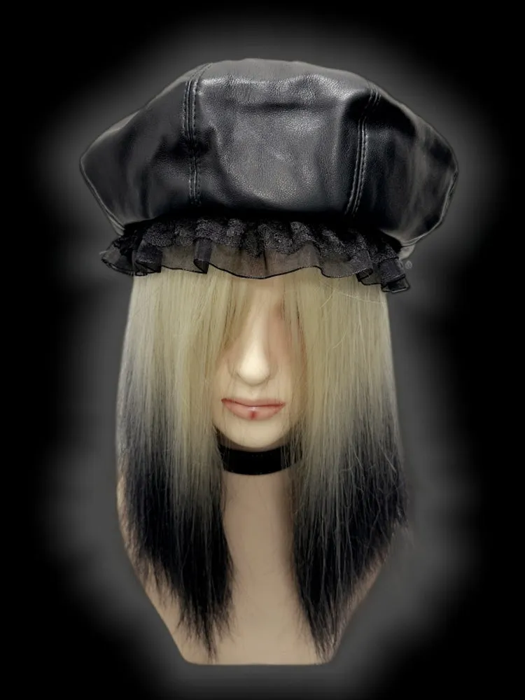 Y2K Black Lace Trim PU Beret