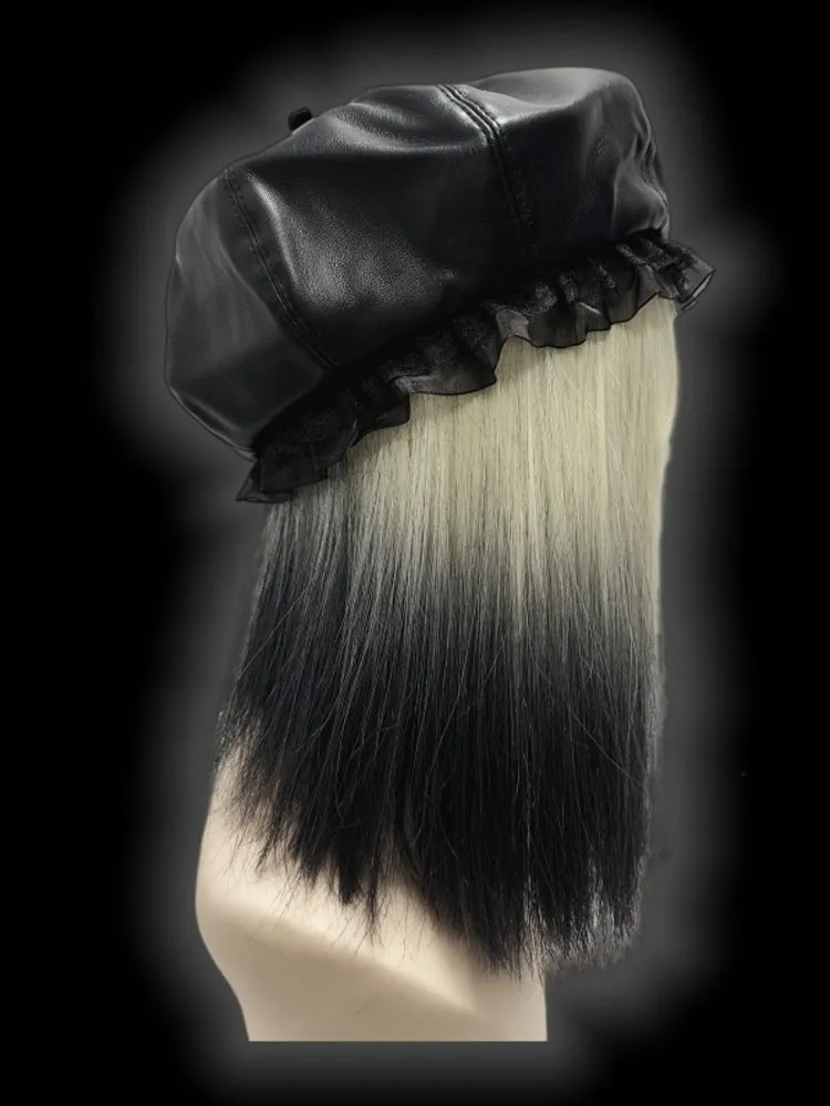 Y2K Black Lace Trim PU Beret