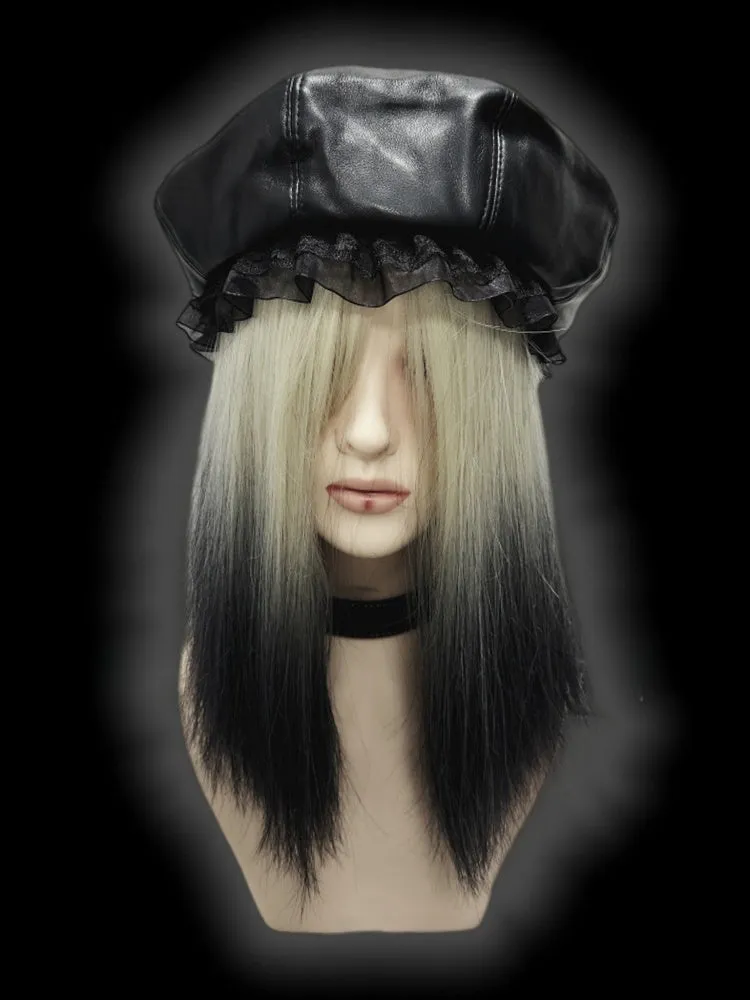 Y2K Black Lace Trim PU Beret