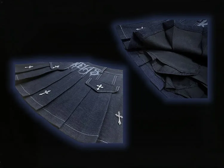 Y2K Dark Blue Letters Cross Charms Punk Rock Denim Pleated Skirt