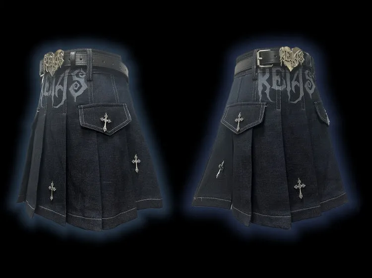 Y2K Dark Blue Letters Cross Charms Punk Rock Denim Pleated Skirt
