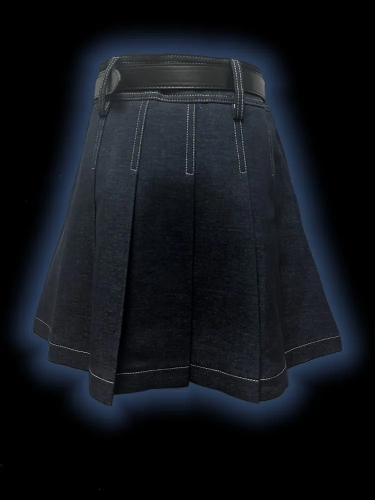 Y2K Dark Blue Letters Cross Charms Punk Rock Denim Pleated Skirt