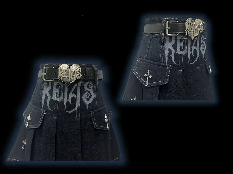 Y2K Dark Blue Letters Cross Charms Punk Rock Denim Pleated Skirt