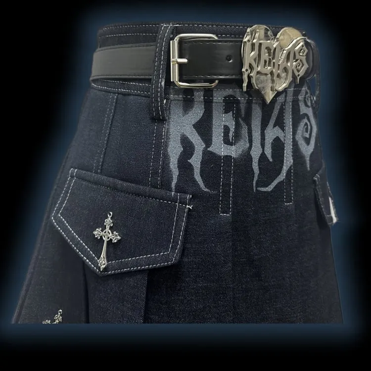 Y2K Dark Blue Letters Cross Charms Punk Rock Denim Pleated Skirt