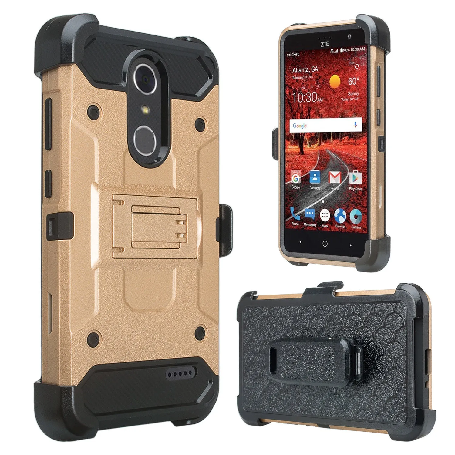 ZTE Blade Spark Z971, ZTE ZMAX One, ZTE Grand X4, X 4 Case, Rugged Hybrid [Belt Clip] Holster Cover [Kickstand] - Gold