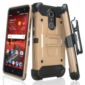 ZTE Blade Spark Z971, ZTE ZMAX One, ZTE Grand X4, X 4 Case, Rugged Hybrid [Belt Clip] Holster Cover [Kickstand] - Gold